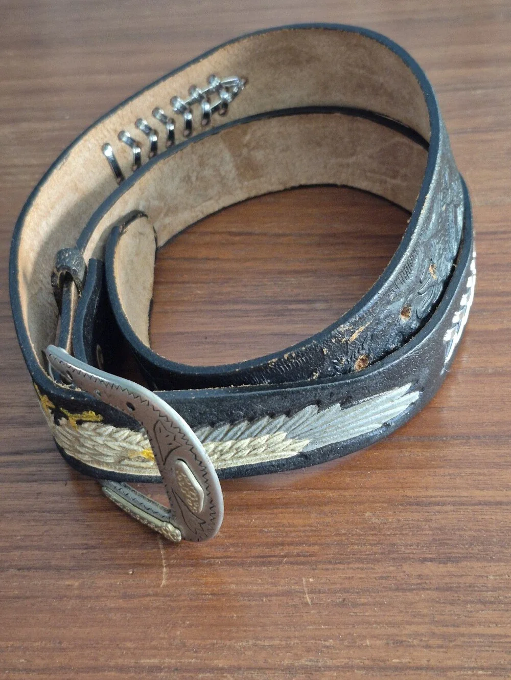 Vintage Black Leather Belt Embossed Eagle 38